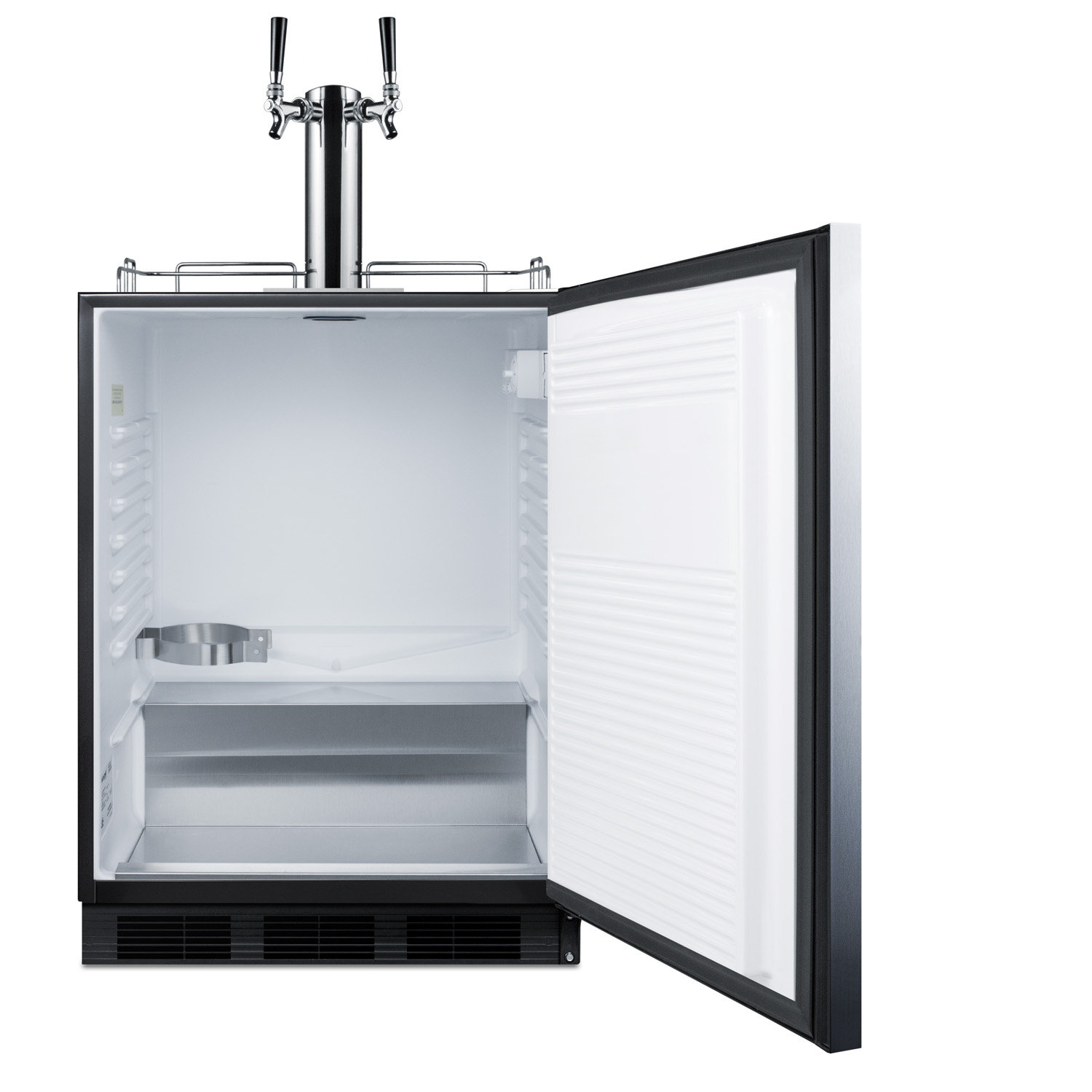 Built-in undercounter ADA height commercially listed dual tap wine dispenser with stainless steel wrapped door and black cabinet